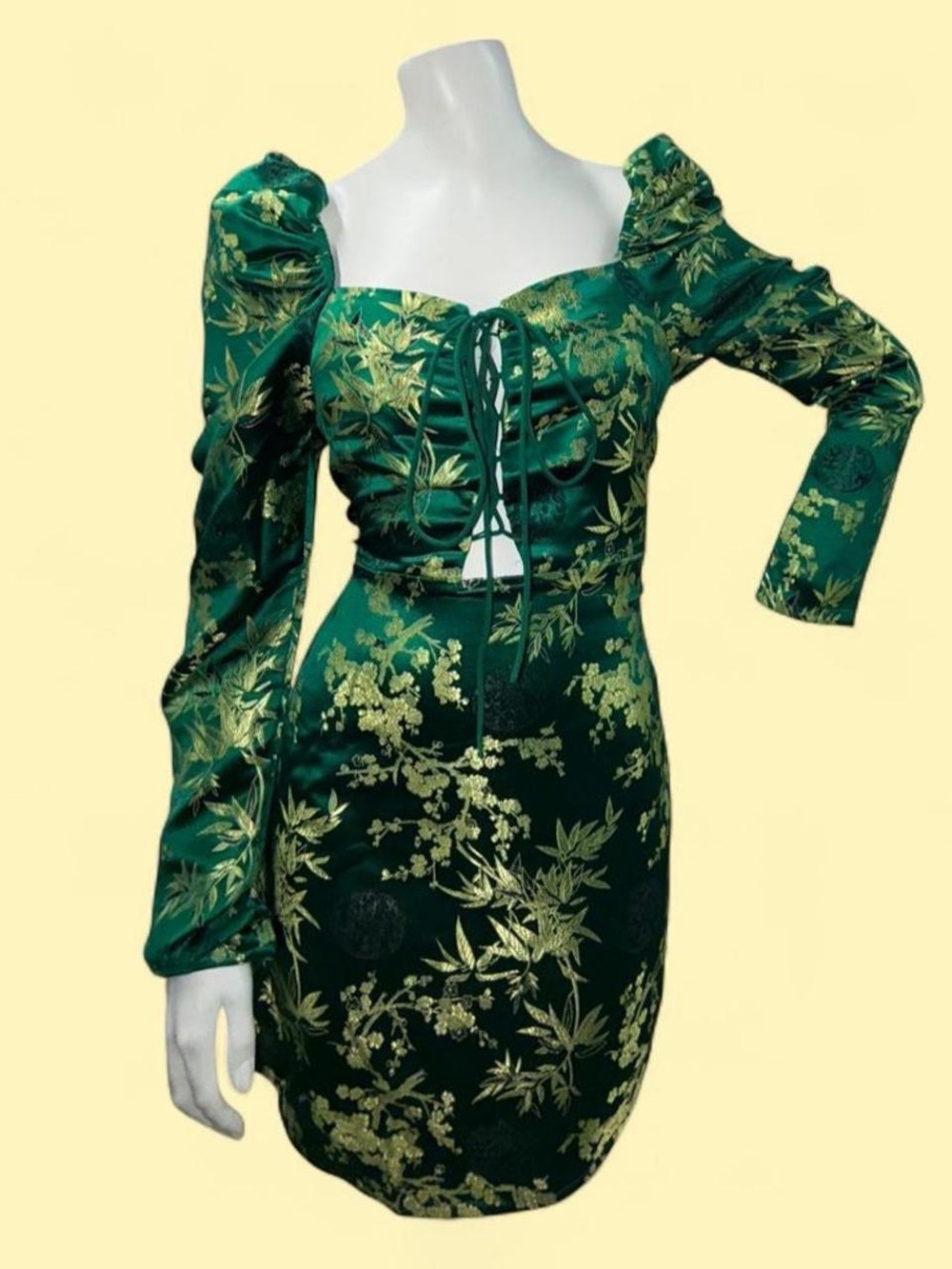 FairyCore Emerald Green Floral Lace-Up Long Sleeve Bodycon Dress